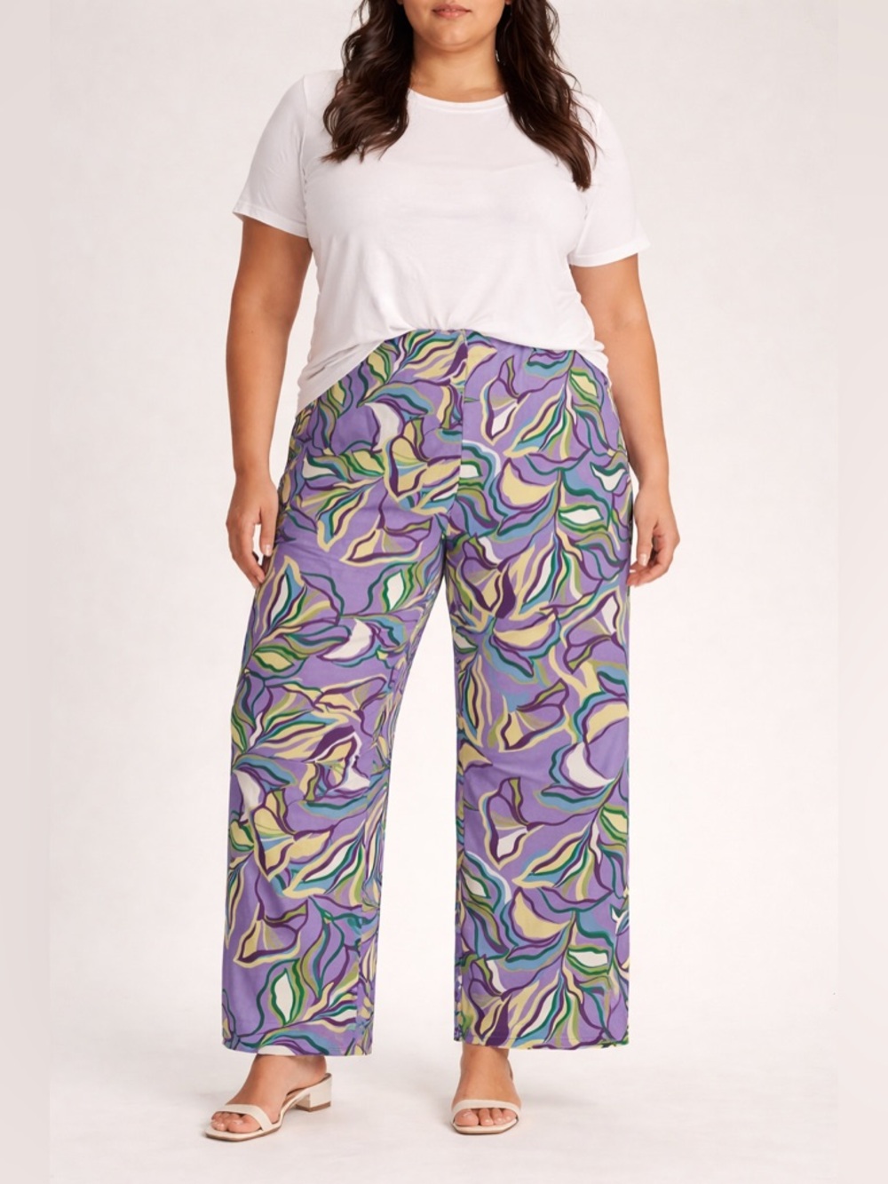 Boston Proper Beyond Travel Lavender/Green Tropical Floral Wide Leg Pull-on Pant